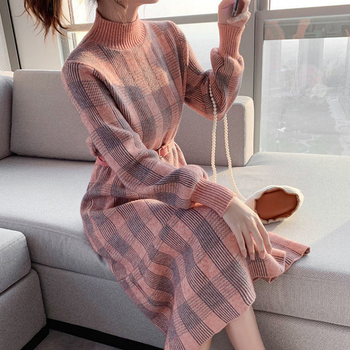 Damen Langarm-Kleid mit hohem Kragen und kariertem Muster Drune