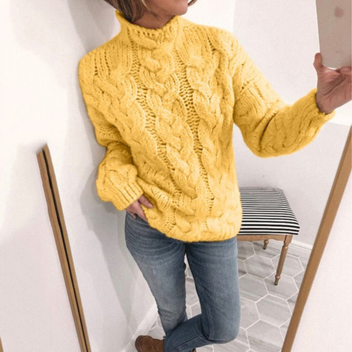 Damen Strickpullover mit extravagantem Zopfmuster und hohen Kragen Drune