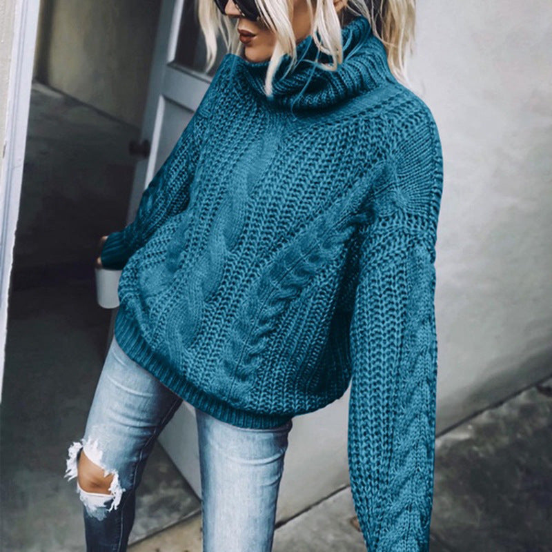 Damen nan Oversized Strickpullover mit grobem Zopfmuster und Rollkragen Drune