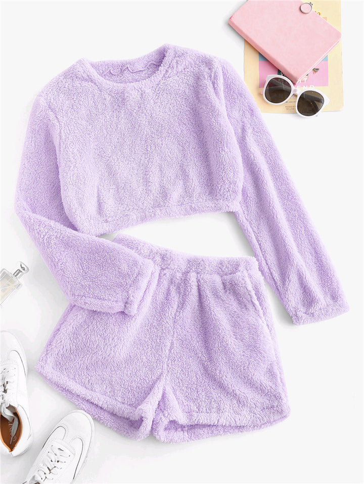 Damen Flauschiges Freizeit-Set mit cropped Oberteil Drune