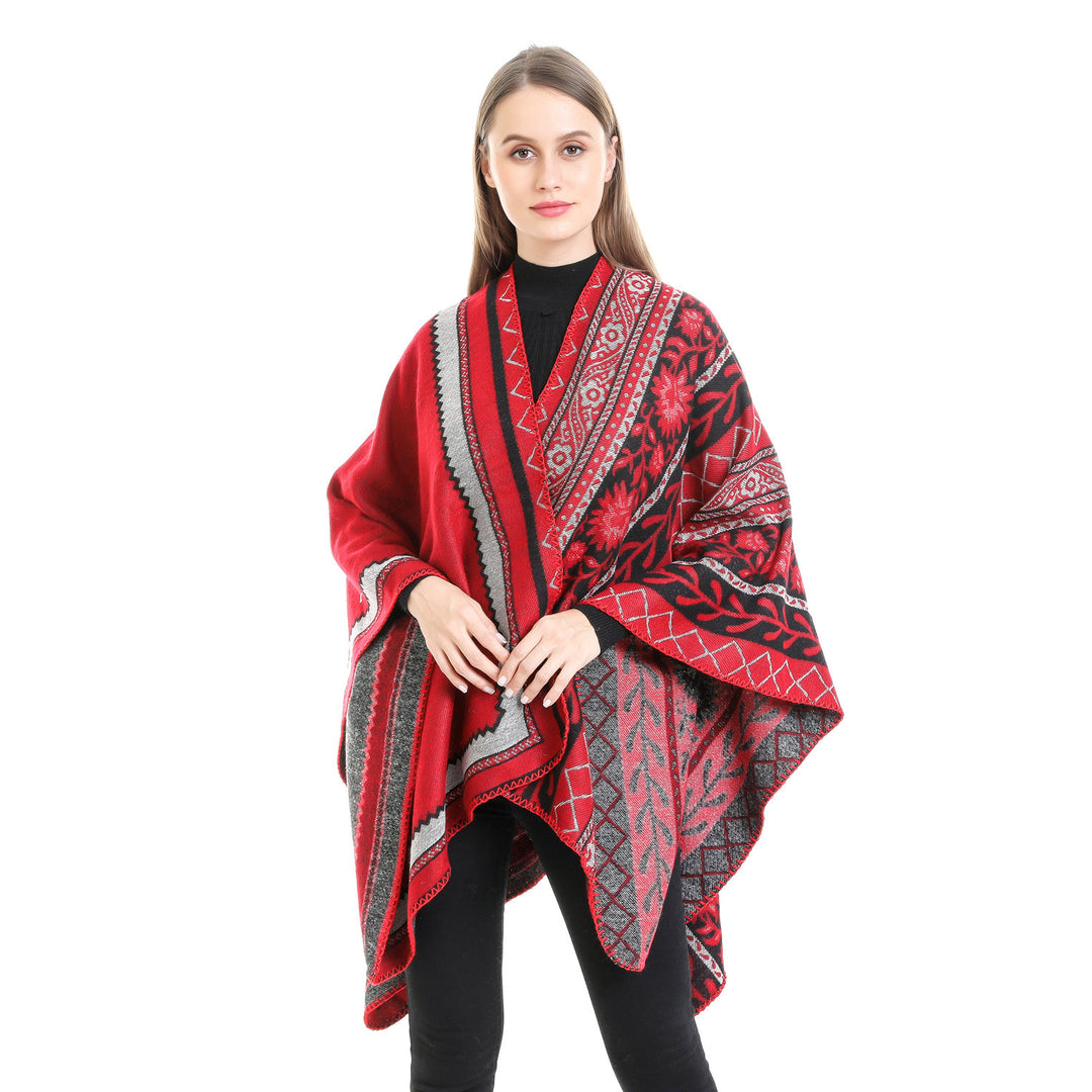 Damen Oversize-Ruana-Poncho mit Ornament-Jacquard und gehäkelter Kettelnaht Drune