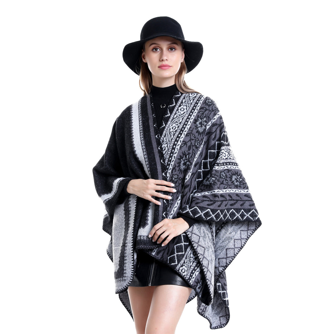 Damen Oversize-Ruana-Poncho mit Ornament-Jacquard und gehäkelter Kettelnaht Drune