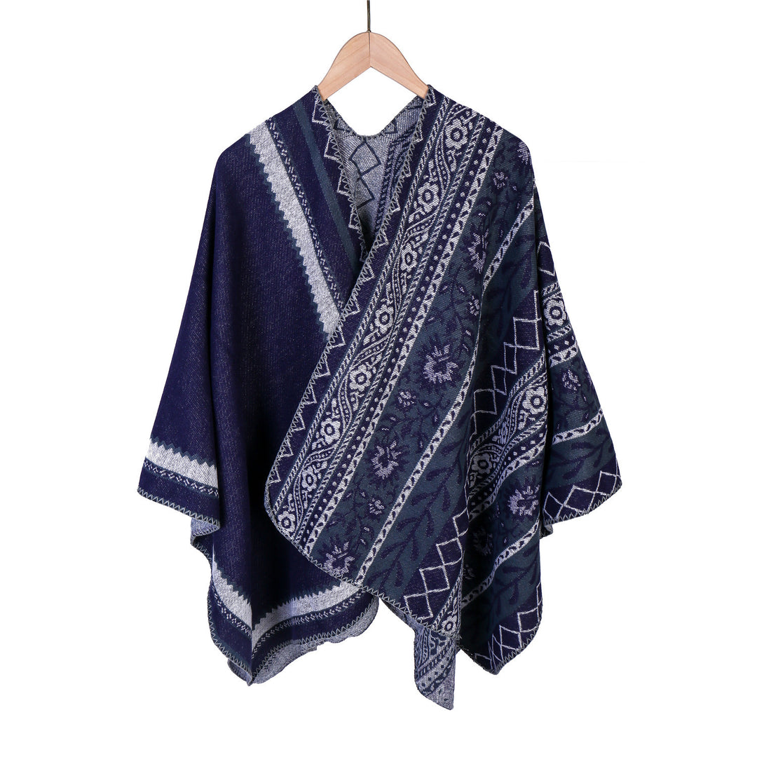 Damen Oversize-Ruana-Poncho mit Ornament-Jacquard und gehäkelter Kettelnaht Drune