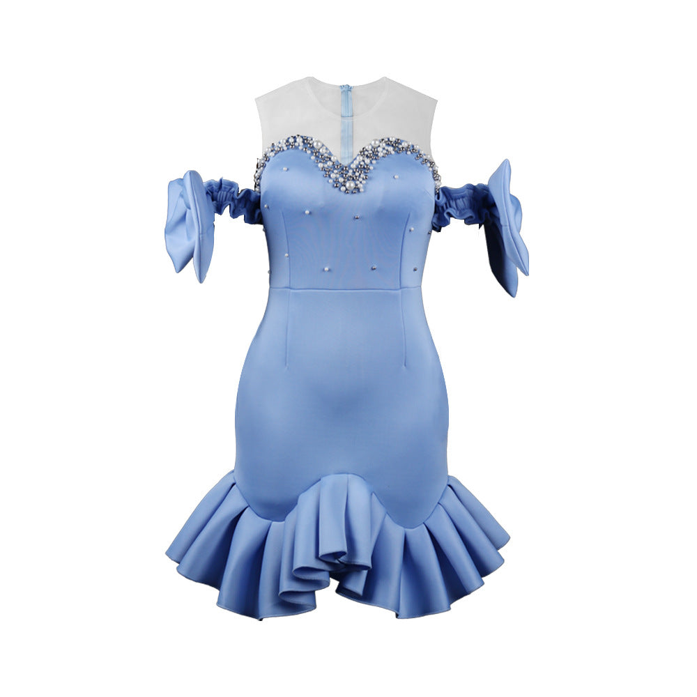 Damen glamouröses Cocktailkleid mit transparenten Puffärmeln und Rüschensaum Drune