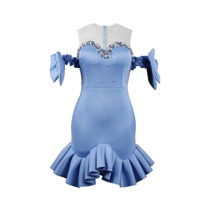 Damen glamouröses Cocktailkleid mit transparenten Puffärmeln und Rüschensaum Drune
