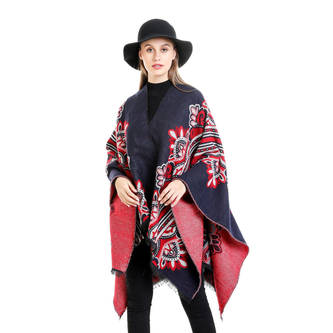 Damen Boho-Ruana mit floralem Ornamentjacquard und ausgefranster Kante Drune