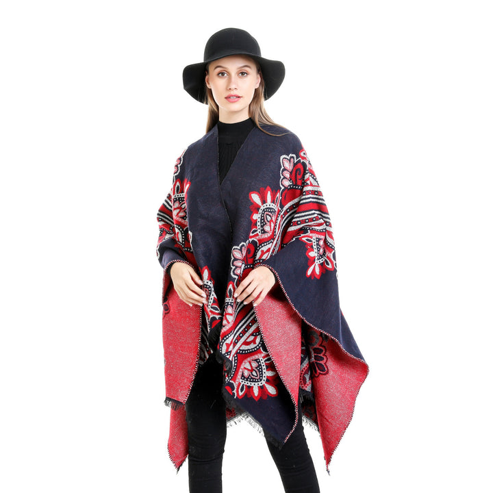 Damen Boho-Ruana mit floralem Ornamentjacquard und ausgefranster Kante Drune