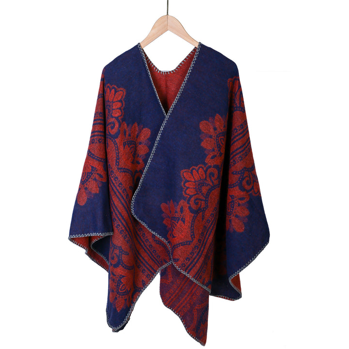 Damen Boho-Ruana mit floralem Ornamentjacquard und ausgefranster Kante Drune