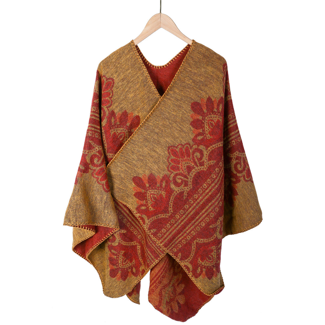 Damen Boho-Ruana mit floralem Ornamentjacquard und ausgefranster Kante Drune