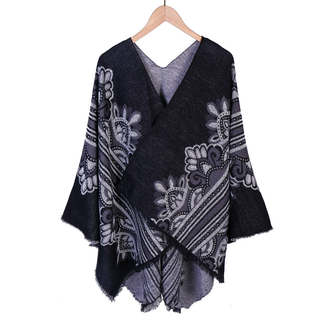 Damen Boho-Ruana mit floralem Ornamentjacquard und ausgefranster Kante Drune