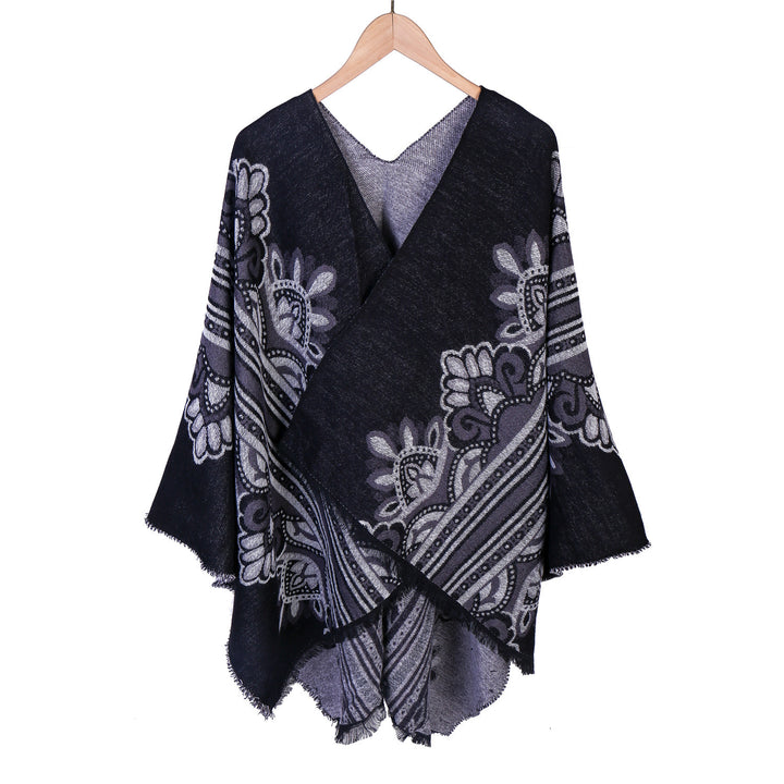 Damen Boho-Ruana mit floralem Ornamentjacquard und ausgefranster Kante Drune