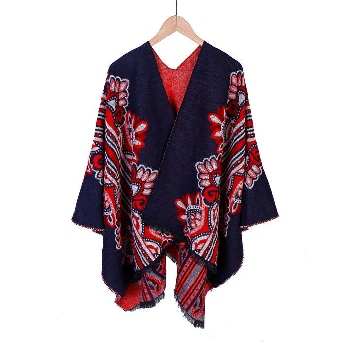 Damen Boho-Ruana mit floralem Ornamentjacquard und ausgefranster Kante Drune