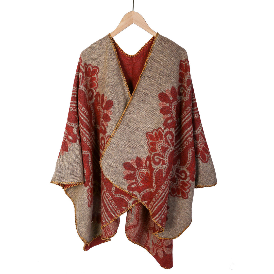 Damen Boho-Ruana mit floralem Ornamentjacquard und ausgefranster Kante Drune