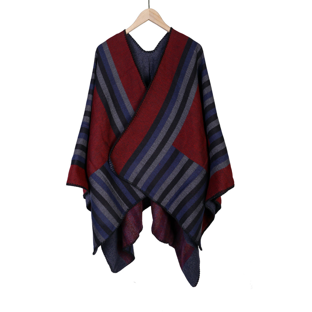 Damen Wendefreundliche Ruana im Oversize mit diagonalen Blockstreifen und dekorativer Zierkante Drune
