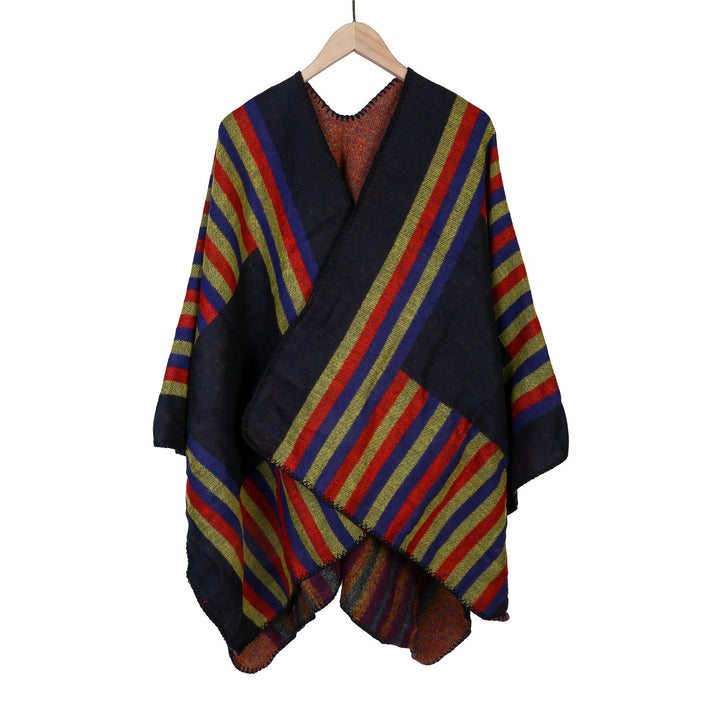 Damen Wendefreundliche Ruana im Oversize mit diagonalen Blockstreifen und dekorativer Zierkante Drune