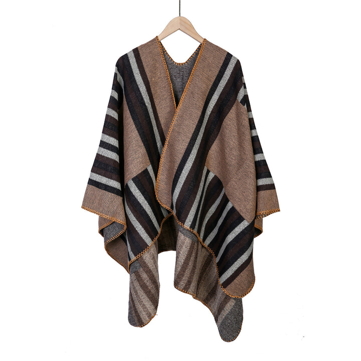Damen Wendefreundliche Ruana im Oversize mit diagonalen Blockstreifen und dekorativer Zierkante Drune