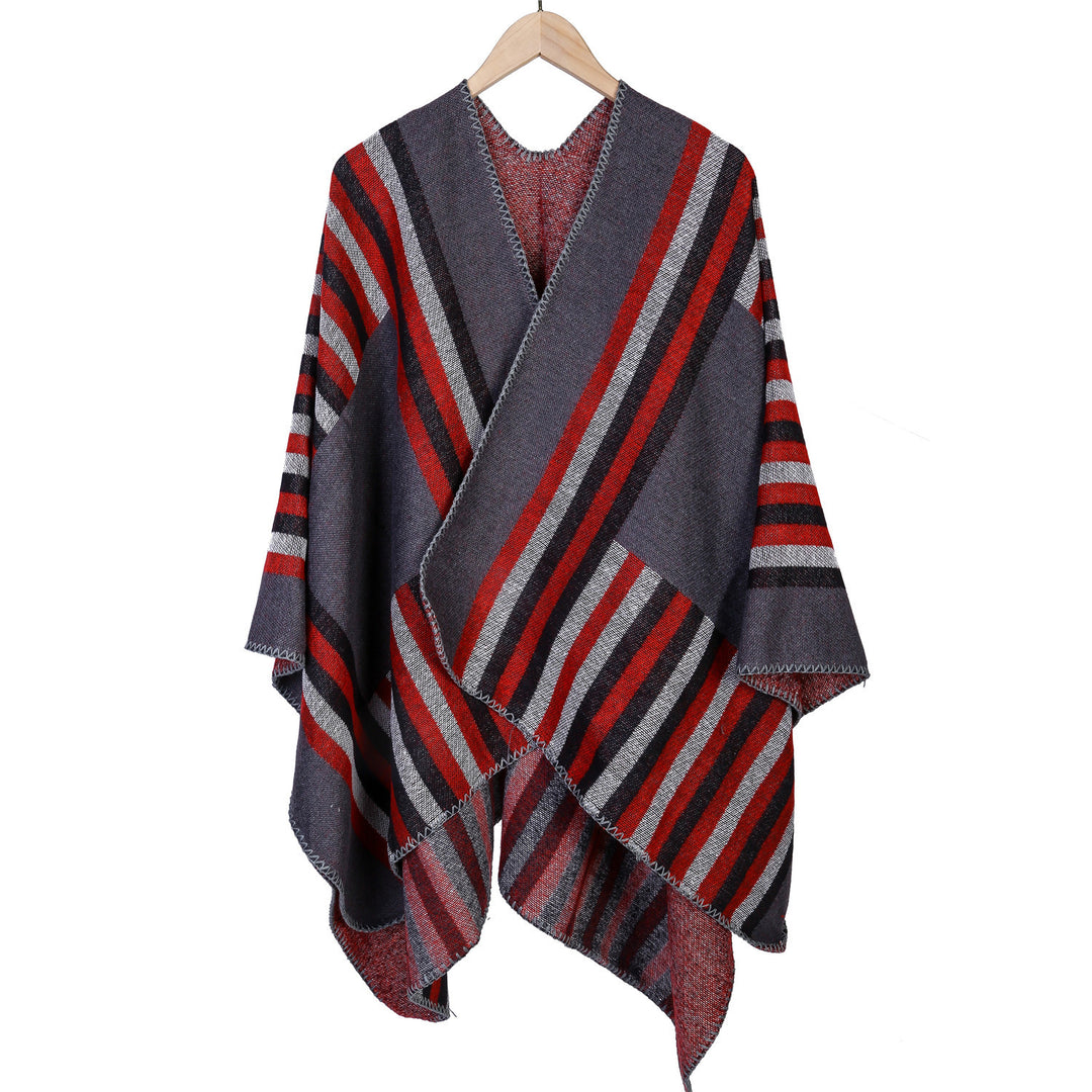 Damen Wendefreundliche Ruana im Oversize mit diagonalen Blockstreifen und dekorativer Zierkante Drune