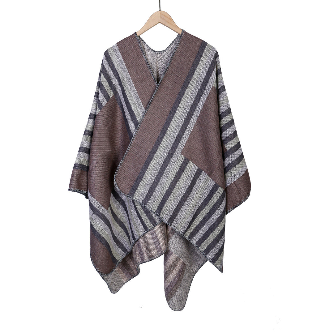 Damen Wendefreundliche Ruana im Oversize mit diagonalen Blockstreifen und dekorativer Zierkante Drune
