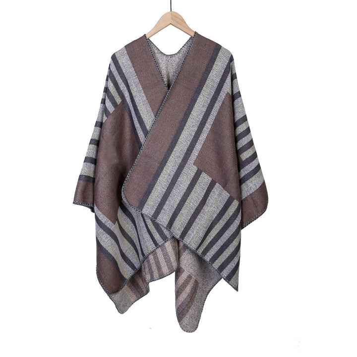 Damen Wendefreundliche Ruana im Oversize mit diagonalen Blockstreifen und dekorativer Zierkante Drune