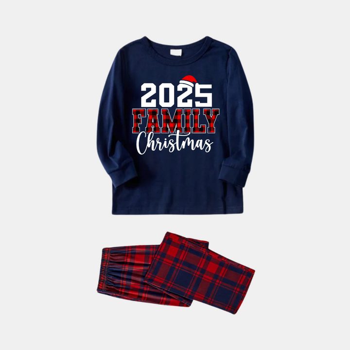 Drune | "2025 Weihnachten" Text und Weihnachtsmann-Mütze Druck Blau Langärmeliges Oberteil mit Rot- und Blau-Karierter Hose Weihnachts-Pyjamas im Matching-Design