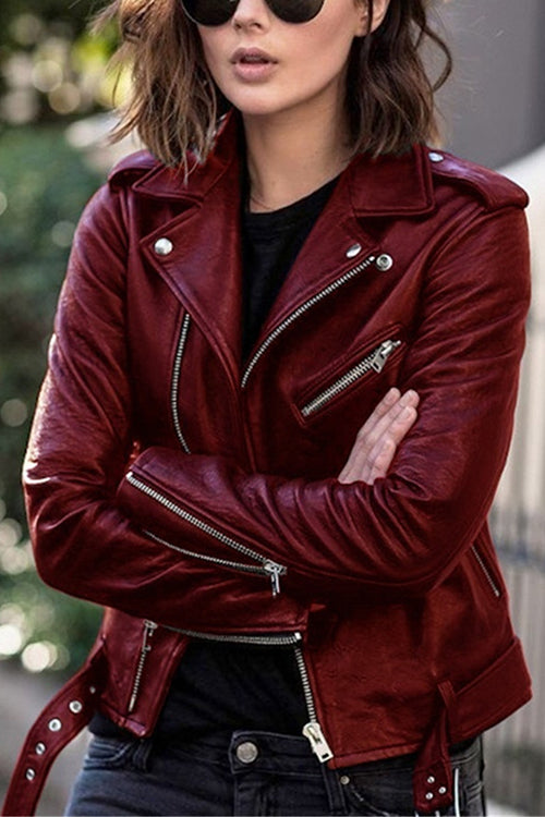 Drune | Rosiedress Vintage Revers Reißverschluss Kunstleder Bikerjacke
