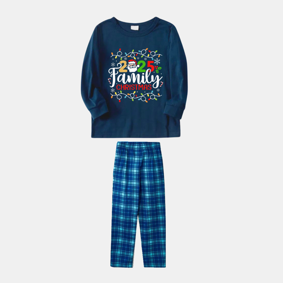 Drune | Marineblaues und Himmelblaues Karierter Weihnachts-Pyjama-Set mit Weihnachtslichtern und "2025 Familienweihnachten" Textdruck