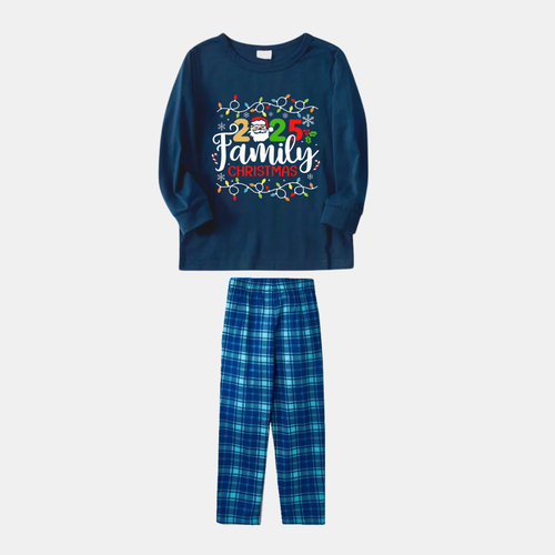 Drune | Marineblaues und Himmelblaues Karierter Weihnachts-Pyjama-Set mit Weihnachtslichtern und 