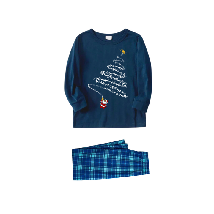 Drune | Kindlicher Weihnachtsmann und Weihnachtsbaum Muster Blau Langarmoberteil mit Blau- und Grünkarierte passende Familien-Pyjamas und Nachthemd