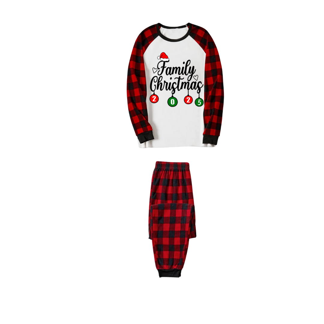 Drune | Weihnachtsfamilien passende Familienpyjama-Set - Weißes Oberteil, Rote Hose, Karomuster