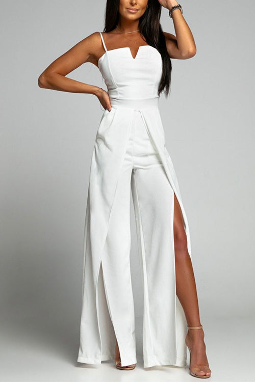 Drune | Hohe Taille Schlitz Fließender Breiter Bein Cami Jumpsuit