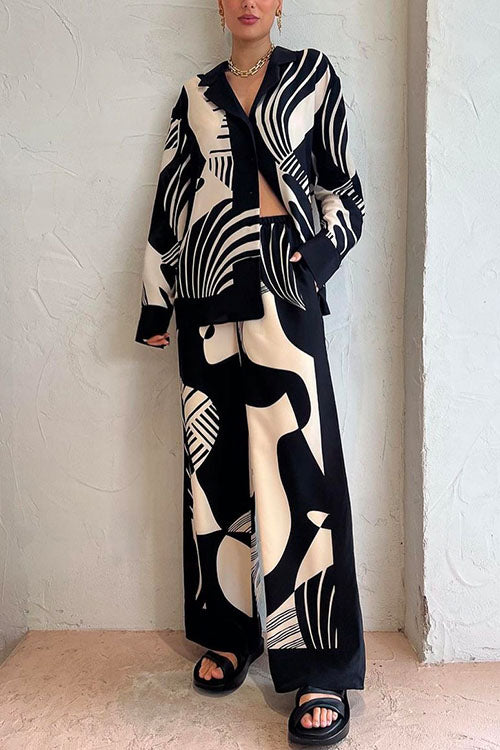 Drune | Rosiedress Grafik Druck Langarm Bluse Shirt Weite Beinform Hose 2 Teile Set