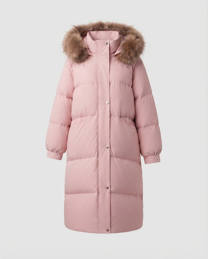 Damen längerer gesteppter Winterparka mit feminine A-Linie, abnehmbarer Kapuze und extra großen Seitentaschen