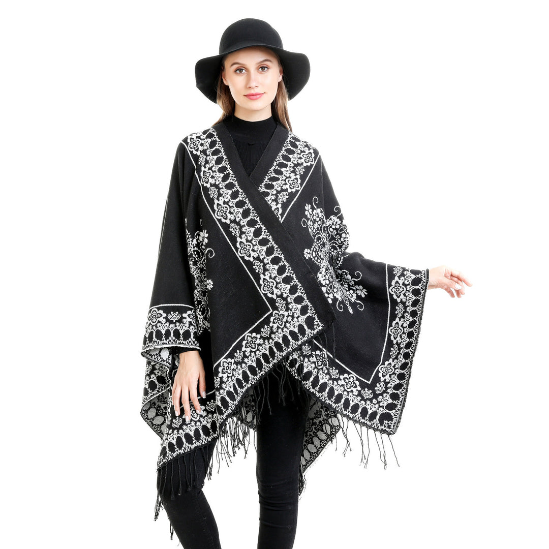 Damen Jacquard‑Poncho im Kimono‑Fall mit Fransensaum Drune