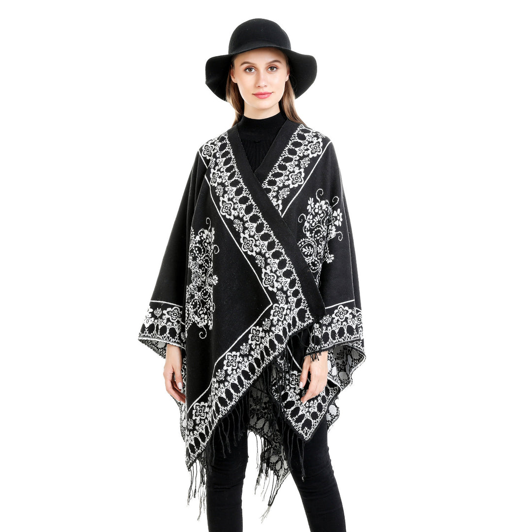 Damen Jacquard‑Poncho im Kimono‑Fall mit Fransensaum Drune