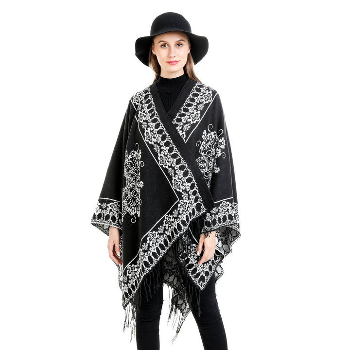 Damen Jacquard‑Poncho im Kimono‑Fall mit Fransensaum Drune