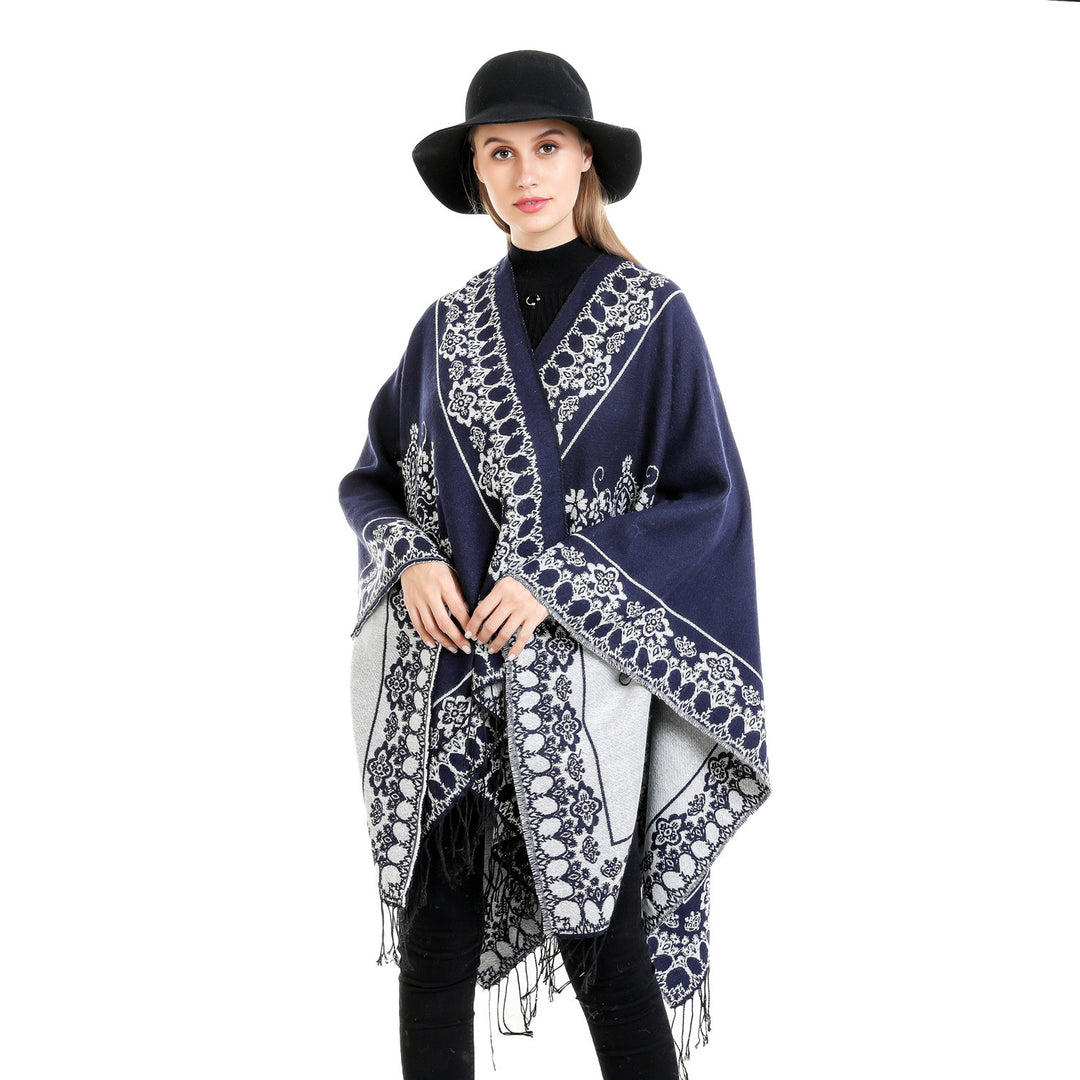 Damen Jacquard‑Poncho im Kimono‑Fall mit Fransensaum Drune