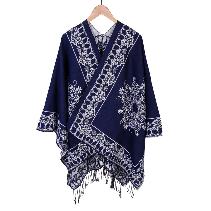 Damen Jacquard‑Poncho im Kimono‑Fall mit Fransensaum Drune