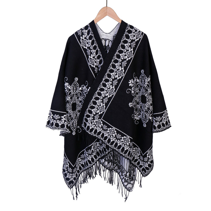 Damen Jacquard‑Poncho im Kimono‑Fall mit Fransensaum Drune