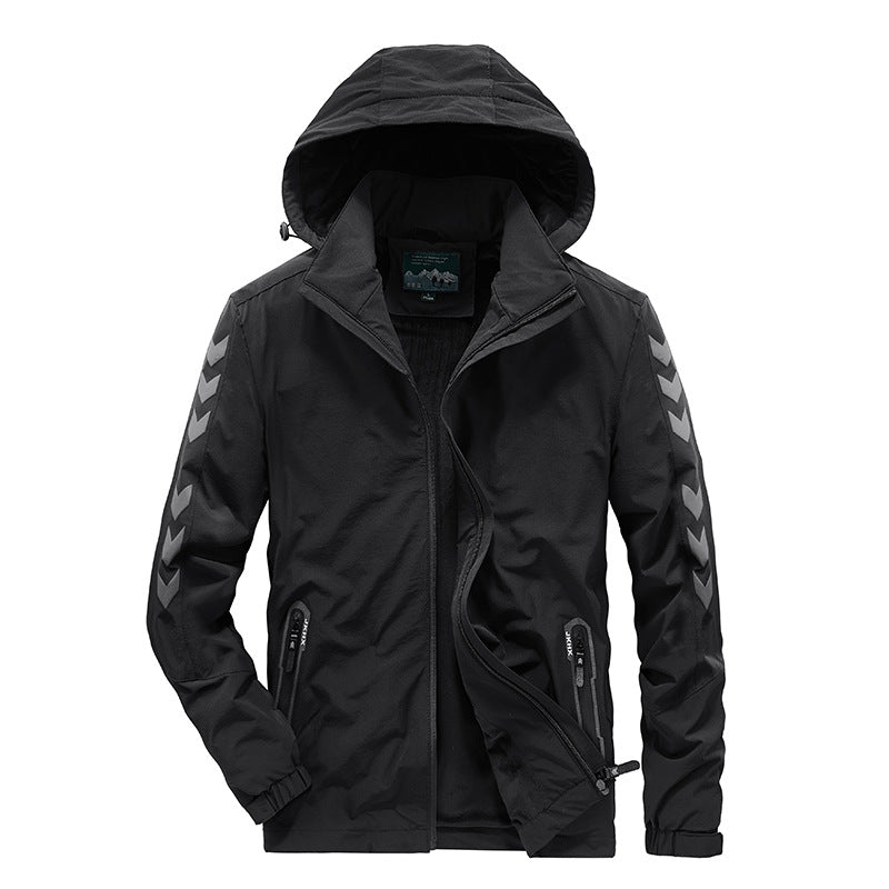 Herren wasserabweisende Softshelljacke mit Kapuze, reflektierenden Chevron-Streifen und Reißverschlusstaschen Drune
