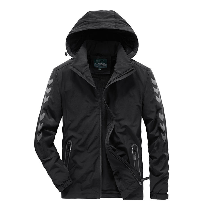 Herren wasserabweisende Softshelljacke mit Kapuze, reflektierenden Chevron-Streifen und Reißverschlusstaschen Drune
