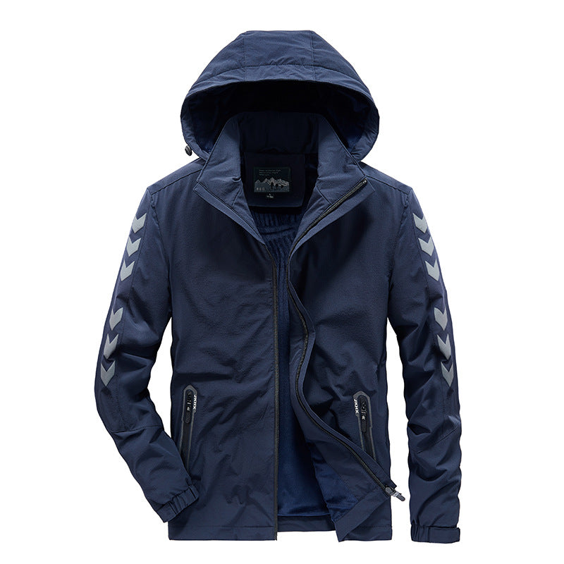 Herren wasserabweisende Softshelljacke mit Kapuze, reflektierenden Chevron-Streifen und Reißverschlusstaschen Drune