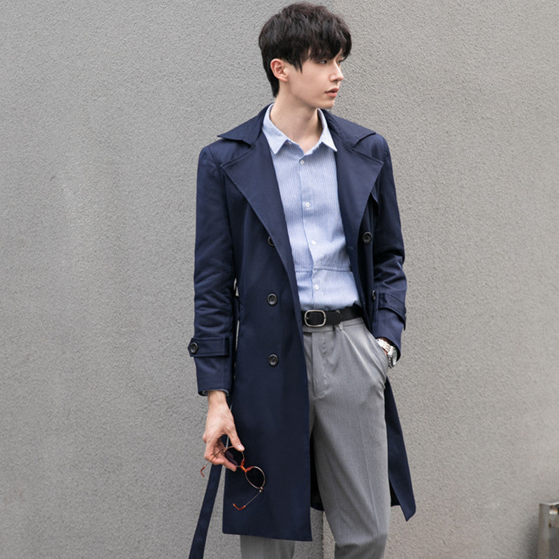 Herren Eleganter taillierter Trenchcoat mit doppelter Knopfleiste und Bindegürtel Drune