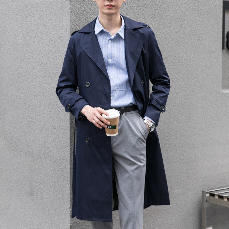 Herren Moderner leichter Trenchcoat mit Doppelreihe Taillengürtel und Schulterpatten Drune