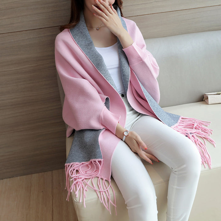 Damen eleganter Schal mit Fransen und kontrastierenden Farbdetails Drune