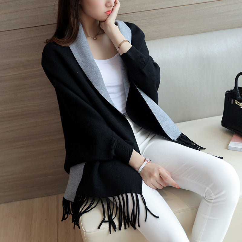 Damen eleganter Schal mit Fransen und kontrastierenden Farbdetails Drune