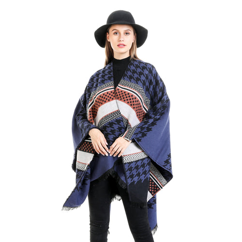 Damen Oversize-Ruana mit Hahnentritt-Jacquard und Fransensaum Drune