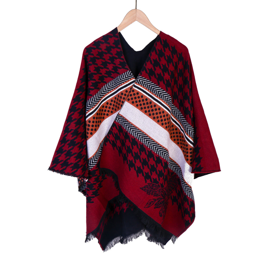 Damen Oversize-Ruana mit Hahnentritt-Jacquard und Fransensaum Drune