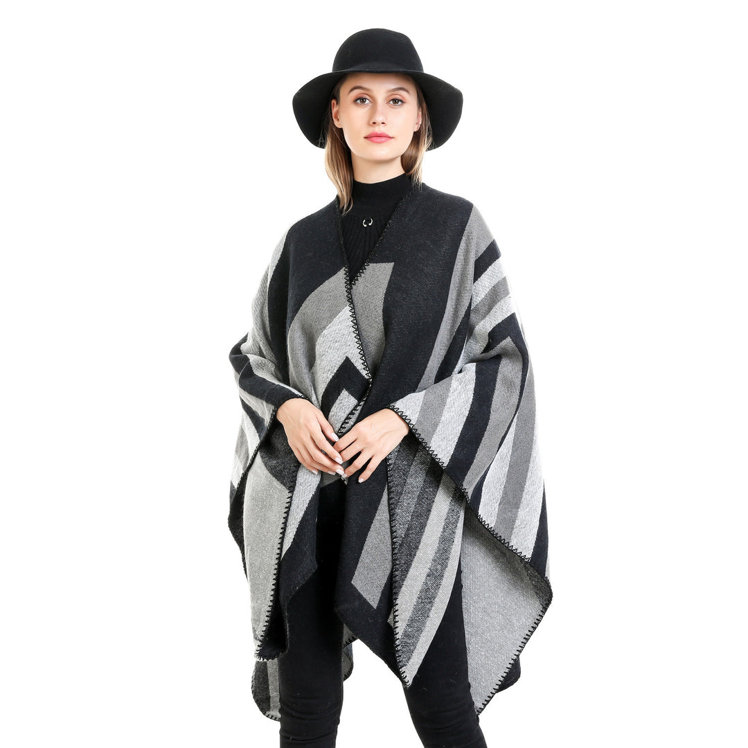Damen Oversize-Ruana mit grafischem Blockmuster und dekorativer Kettelnaht Drune
