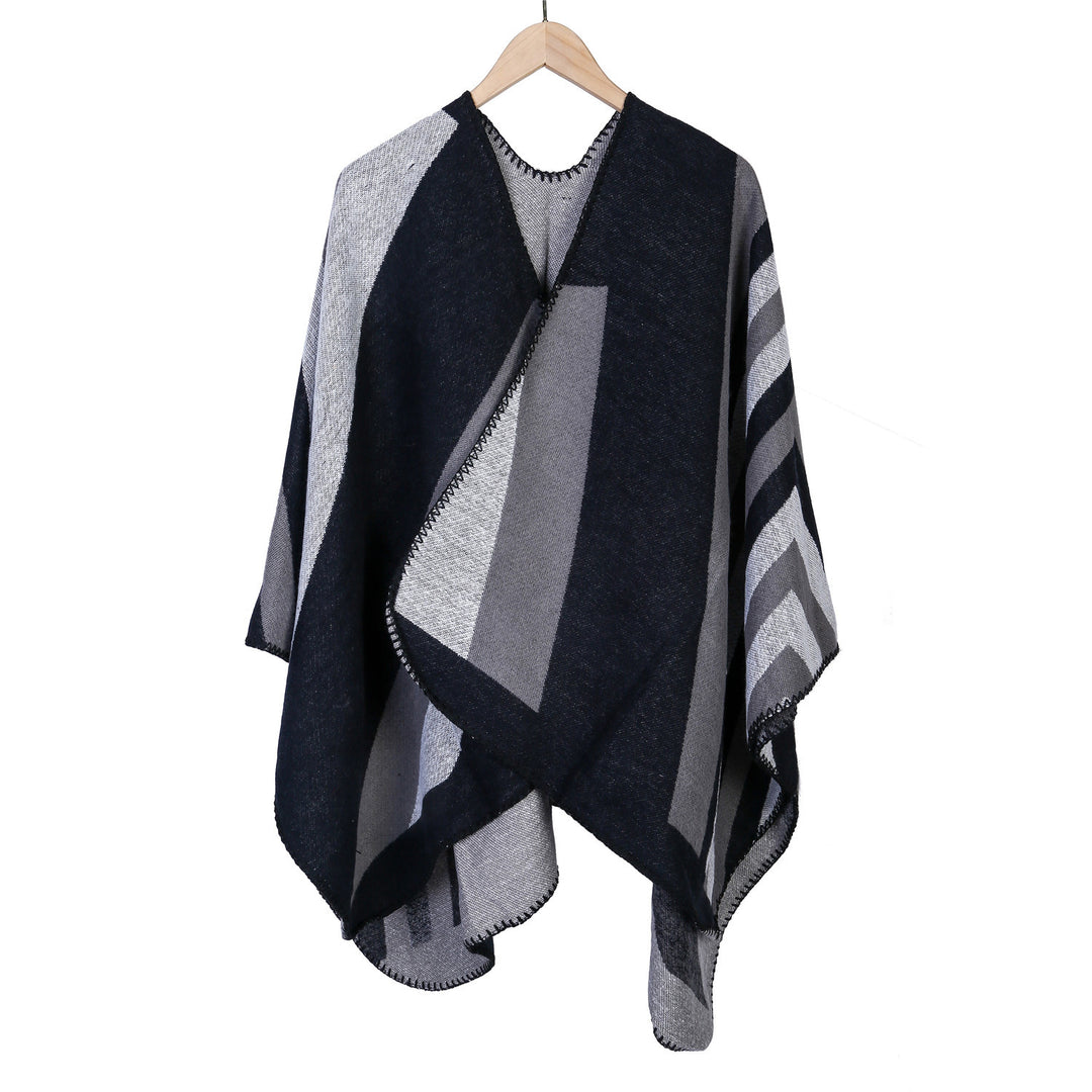 Damen Oversize-Ruana mit grafischem Blockmuster und dekorativer Kettelnaht Drune