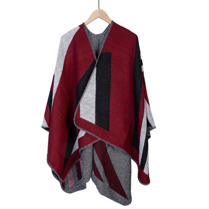 Damen Oversize-Ruana mit grafischem Blockmuster und dekorativer Kettelnaht Drune